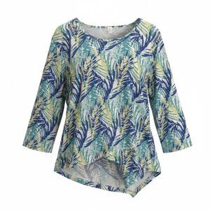 Lulu-B women’s Blue Green Palm-Print Women’s Scoop Neck Top size S